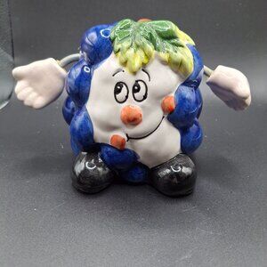 Vintage Ceramic Blue Grape-Shaped Coin Bank With Leaf Accent & Flexible Arms